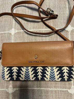 Spartina 449 Tan Leather Crossbody with Navy and Cream Woven Pattern